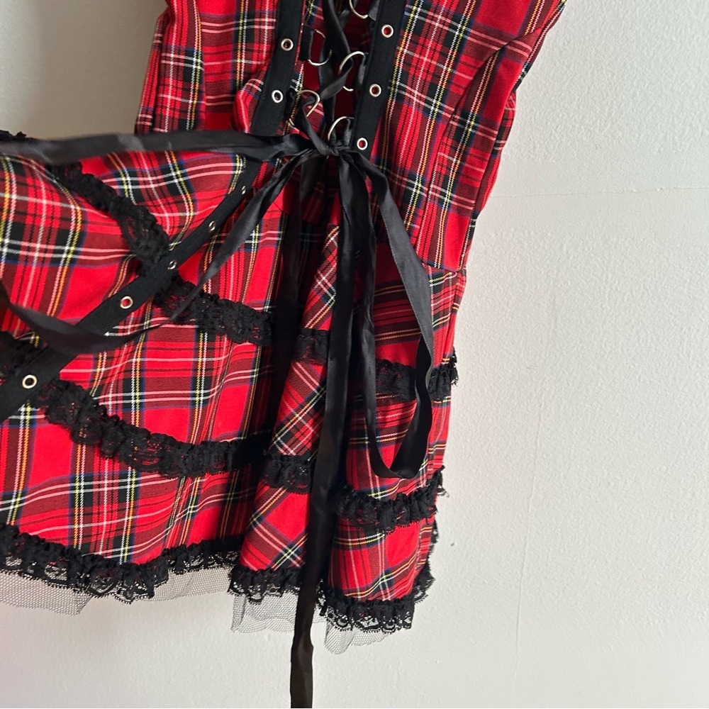 Hearts And Roses Sz 10 Harley Tartan Plaid Lace Emo Goth Mini Dress - Picture 6 of 12